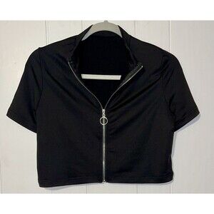 Black Crop Top Short Sleeve with Zipper, Junior's size XL